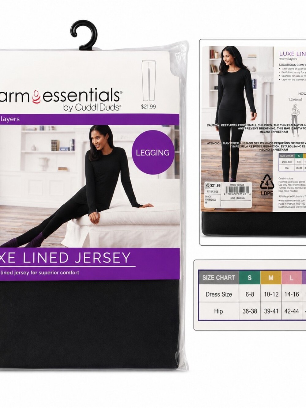 Warm Essentials by Cuddl Duds Luxe Lined Jersey Black Leggings M or L Cozy Minim